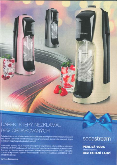 Sodastream výrobník domácí perlivé vody Obrázek 22: inzerát na produkt Sodastream (Svět ženy, 12/2018, s 91) a Denotace Reklamní sdělení se skládá ze dvou částí horní obrazové a spodní textové Horní