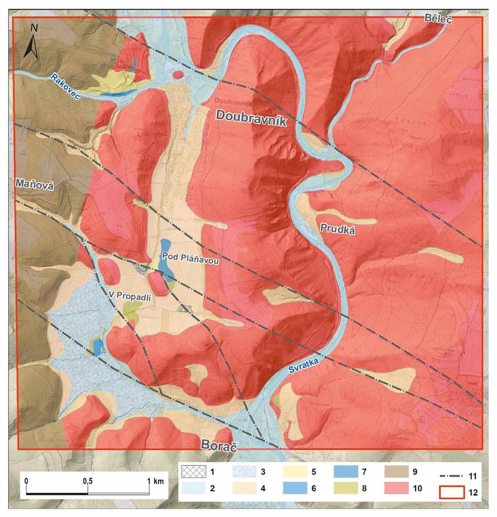 Obr. 3: Geologické schéma pokryvných útvarů s vyznačením hlavních tektonických linií.