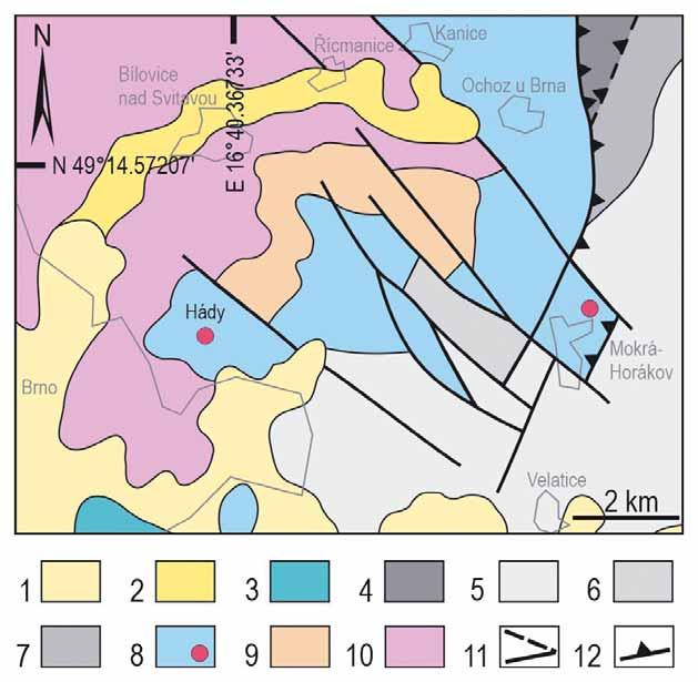 Paleozoické sedimenty jsou ovlivněné post-duktilní tektonikou východního okrajového zlomu boskovické brázdy.