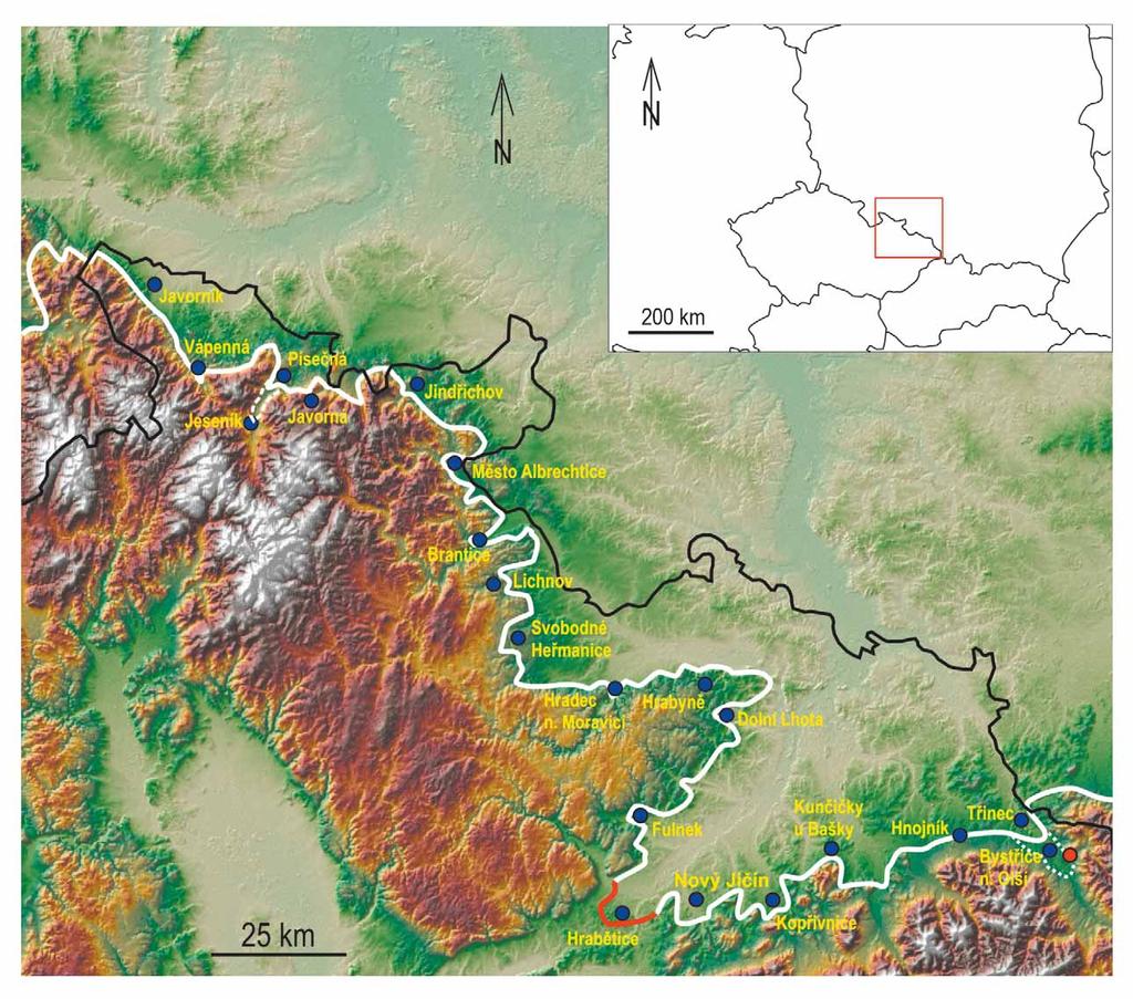 Kenozoikum Obr. 1: Severoevropský ledovcový štít ve středním pleistocénu Východních Sudet a Vnějších Západních Karpat. Bílá linie: maximální rozsah elsterského ledovcového štítu.