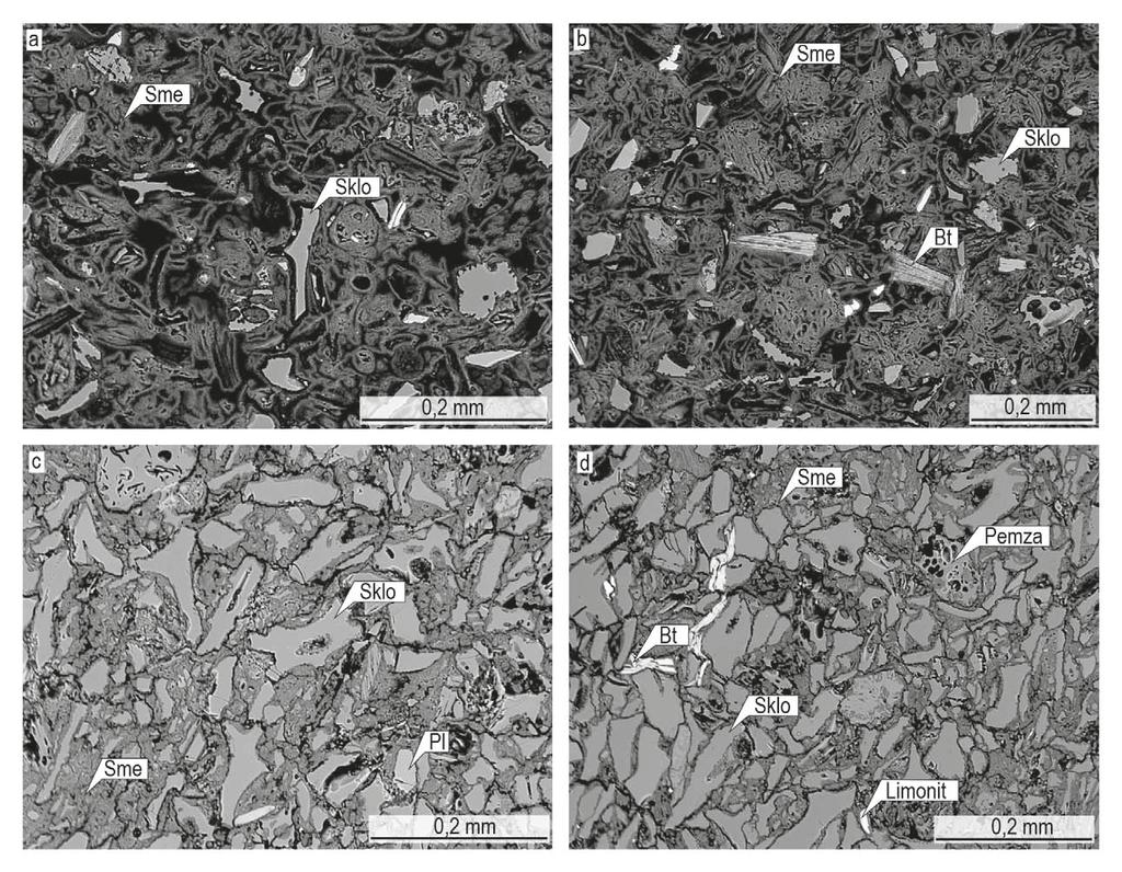 Kenozoikum Obr. 3: BSE (backscattered-electron) mikrofotografie (P. Gadas) z ryolitových vulkanoklastických hornin z lokality Ivančice-Réna (BP402, a b) a Lipník nad Bečvou (LV022, c d).