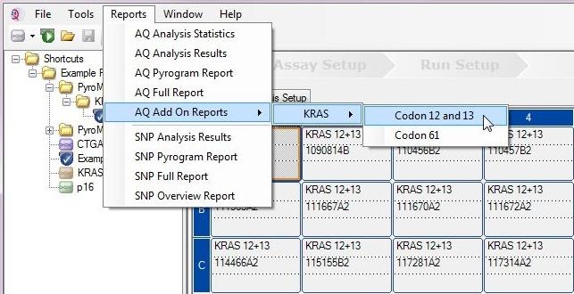 4. Z nabídky Reports vyberte položku AQ Add On Reports/KRAS a pak Codon 12 and 13 (Kodon 12 a 13) nebo Codon 61 (Kodon 61) (obrázek 1). Obrázek 1.