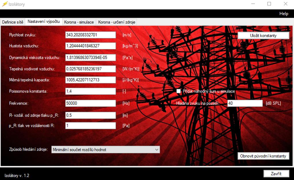 Obr. 3 Screenshot - záložka Nastavení výpočtu V dolní části obrazovky je rozbalující seznam Způsob hledání zdroje. Ten slouží pro výběr metody určení zdroje korony.