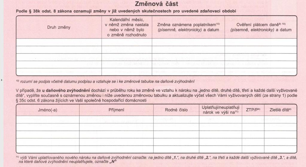 6. Změnová část Nastanou-li v průběhu roku u zaměstnance změny, které mají vliv na daňové slevy, musí je doplnit do této části.