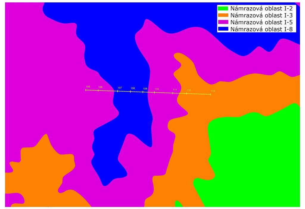 Návrh úseku vedení 74 oblasti I-8, tak tato oblast platí pro celý kotevní úsek. Proto jsme při výpočtu úseku č. 2 uvažovali námrazovou oblast I-8, i když výrazně zasahuje do oblastí I-5 a I-3. Obr.