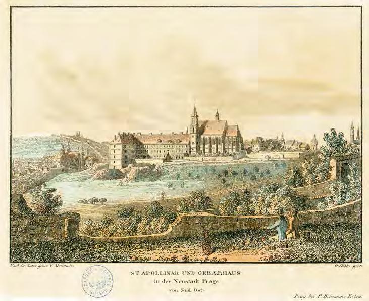Kostel sv. Apolináře Kostel sv. Apolináře s porodnicí, kolorovaný lept, Vincenc Morstadt (1825), ze sbírky Muzea hl. m. Prahy. Návrší Větrov je zde zobrazeno od jihu, v pohledu z hradeb na Karlově.