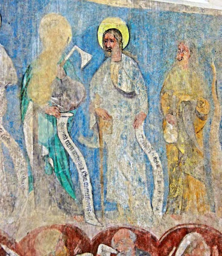 Popis kostela Apoštolové v pravé části pásu: sv. Matěj se sekerou (v minulosti zde část omítky odpadla, proto se nedochovala hlava světce), sv.