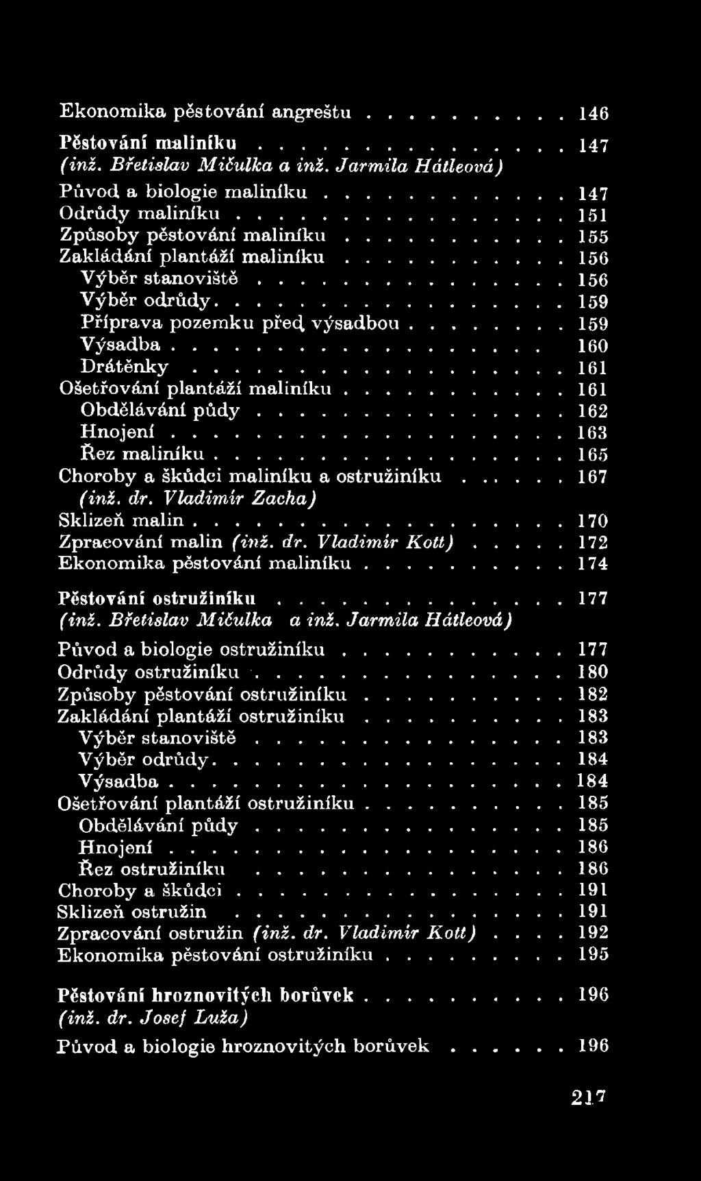 .. 172 E konom ika pěstování m a l i n ík u...174 Pěstování o s t r u ž i n í k u... 177 (inž. Břetislav Mičulka a inž. Jarmila Hátleová) P ů v o d a biologie o s t r u ž in í k u.