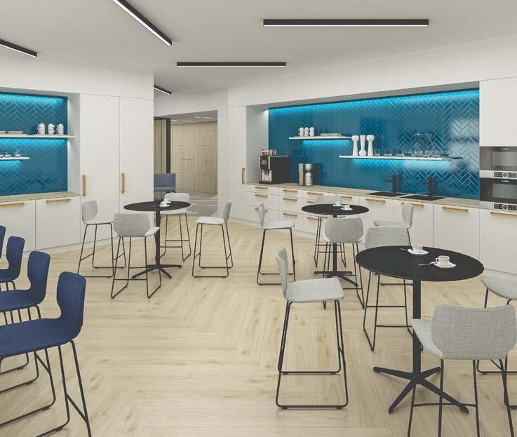Na ploše 3 000 m 2 ve třech nadzemních podlažích najdete kromě pracovišť a prostor pro akce recepci, tři coworkingové lounge, jedenáct zasedacích místností a plně vybavené kuchyňky.