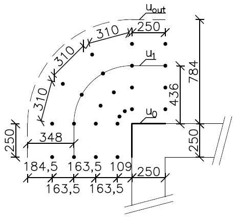 ρy= 0,0082 ρx= 0,0078 νrd,c= 0,68 > νmin= 0,53 MPa νrd,c νed,1 0,68 < 0,99 =>Je nutná výztuž na protlačení 4) Návrh smykové výztuže uout= 1732 mm rout= 784 mm r1=2d= 436 mm Vzdálenost mezi uout a u1: