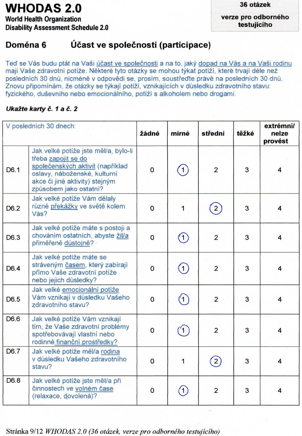 Příloha č. 13 - Dotazník WHODAS 2.0-9. strana Zdroj: SLÁDKOVÁ, Petra. WHO Disability Assessment Schedule 2.