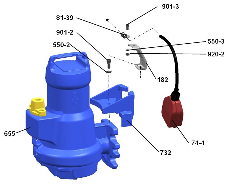 5 Instalace/montáž Montáž čerpadla Obr. 19: Montáž čerpadla 1. Namontujte držák 732 se šroubem 901-1 na ponorné motorové čerpadlo 655. 2.