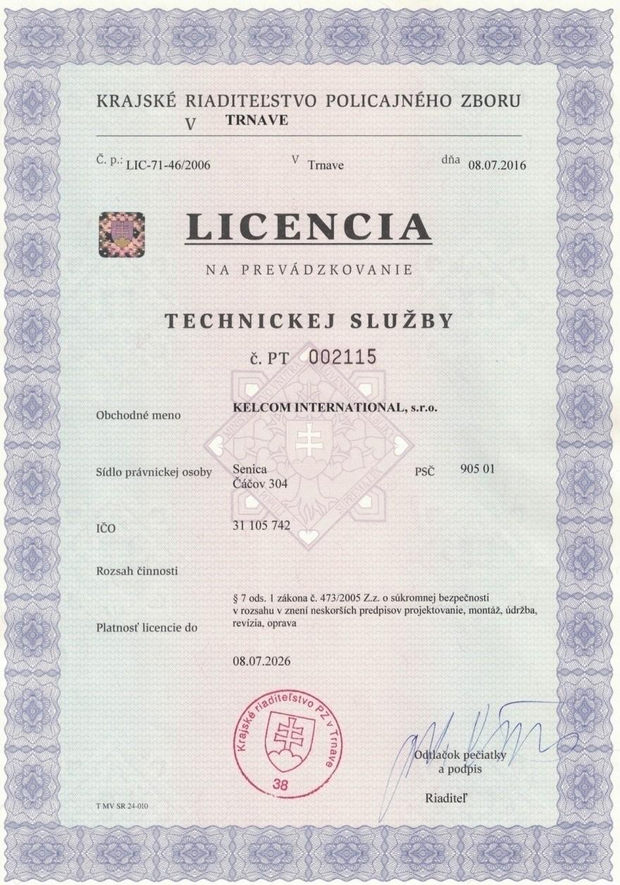UTB ve Zlíně, Fakulta aplikované informatiky 38 7.1 SWOT analýza Obr. 4 Licencia společnosti KELCOM INTERNATIONAL s. r. o.