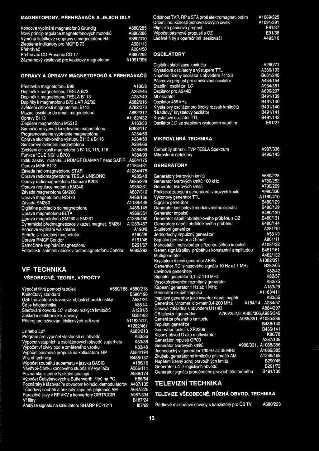 Pfestavba magnetofonu B90 A180/8 Doplnek k magnetofonu TESLA B73 A282/48 Doplnek k magnetofonu TESLA B113 A282/49 Doplnky k magnetofonu B73 z AR A2/82 A682/216 Zv6t eni citlivosti magnetofonu B113
