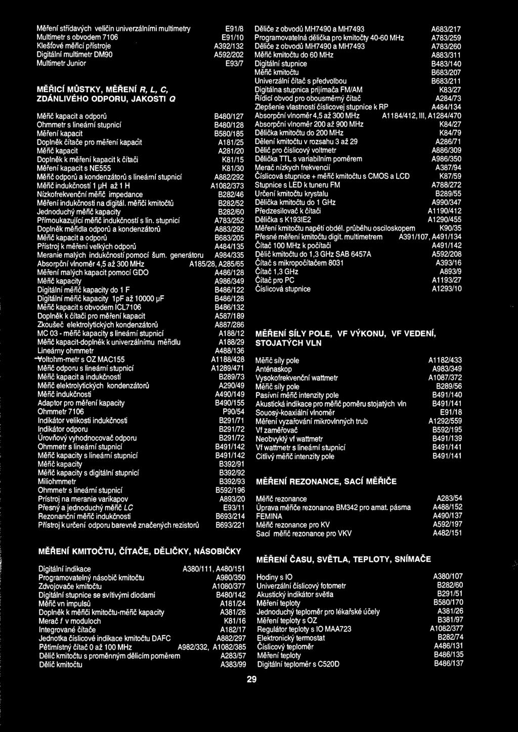 MCfeni strfdavych velicin univerzalnimi multimetry E91/8 Multimetr s obvodem 7106 E91/10 KleSfovC mcfici pfistroje A392/132 DigitCIni multimetr DM90 A592/202 Multimetr Junior E93/7 MERICI MUSTKY,