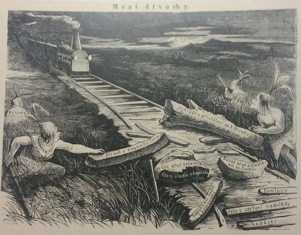 Ilustrace 18: F. K. Kolár, Mezi divochy, Humoristické listy 11/1869, str. 58. Reprodukováno in: PRAHL, Roman, VONDRÁČEK, Radim a SEKERA, Martin.
