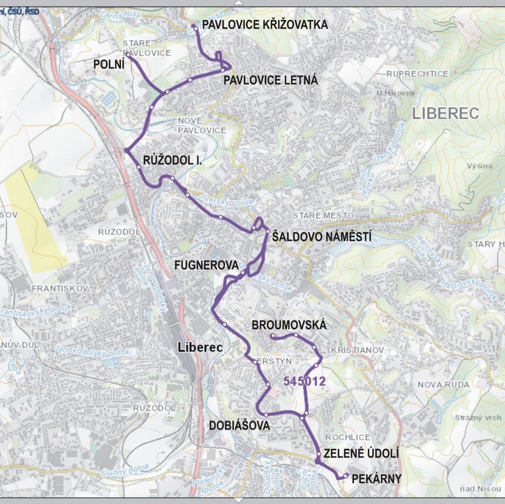 Obrázek 1 Obslužnost dotčené oblasti Tramvajová trať je vedena v trase současné autobusové linky č. 12 a v úseku Fügnerova Zelené Údolí ji plně nahrazuje.