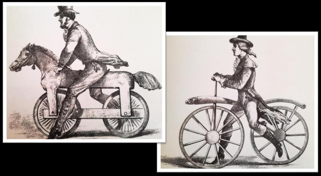 Obr. 2. Celeriféra (celeriped), původně nazývaná dřevěný kůň, byla prvním předchůdcem bicyklu. Převzato z Baroni, F. (2011). Bicykl: historie, mýty, posedlost. Dobřejovice: Rebo, s. 17.