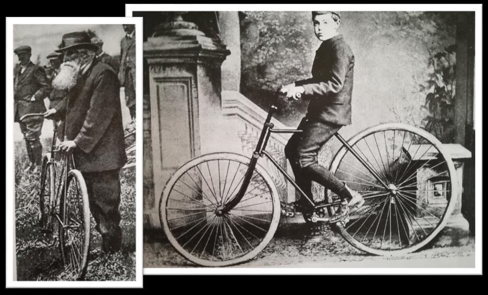 Obr. 4. John Boyd Dunlop a jeho syn na prvním byciklu s pneumatikami. Převzato z Hrubíšek, I. (2009). 100 + 1 osobností & bicykl: Kolo v životě a díle známých a slavných lidí. Plzeň: Cykloknihy, s.