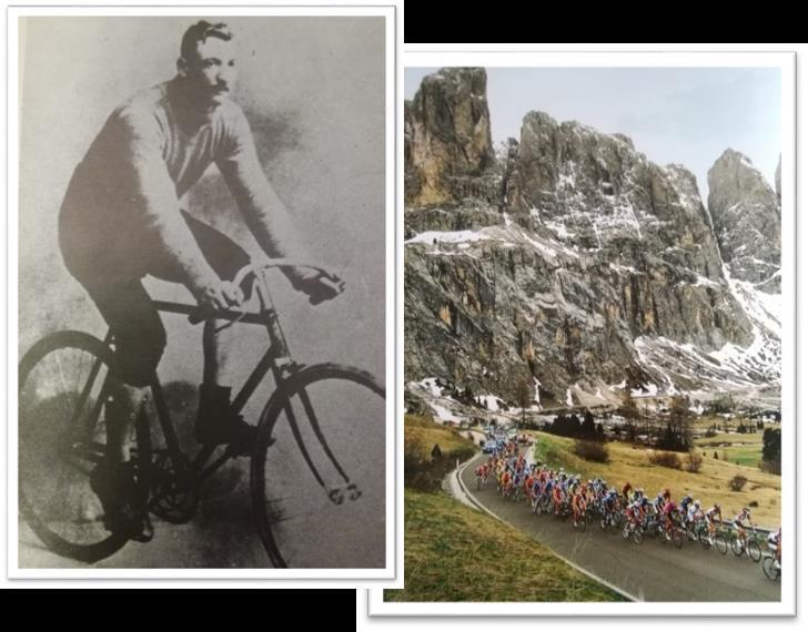 Obr. 10. Vlevo na fotografii Luigi Ganna, vítěz prvního ročníku Giro d'italia z roku 1909. Vpravo fotografie závodníků sjíždějících z průsmyku Foscagno ve 14. etapě Giro 2005.
