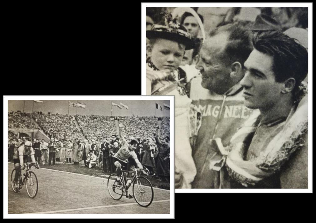 Obr.32. Když Piet Damen zvítězil ve třetí etapě do Katovic (vlevo), ještě netušil, že bude tím, kdo získá zlatý věnec vítěze XI. Ročníku (vpravo). Převzato z Holub, J., & Paul, Z. (1967).