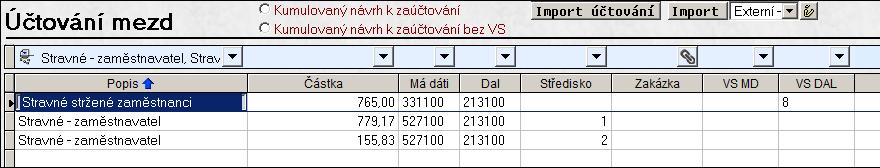 Účtování stravenek Pokud na mzdových položkách 710 a 714 doplníte účty pro účtování nákladů a sazby za zaměstnavatele (viz obrázky výše) bude program automaticky tyto položky účtovat také do nákladů.