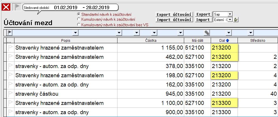 Po zpracování mezd přibude v zaúčtování automaticky nová položka - odúčtování stravenek z účtu 213.