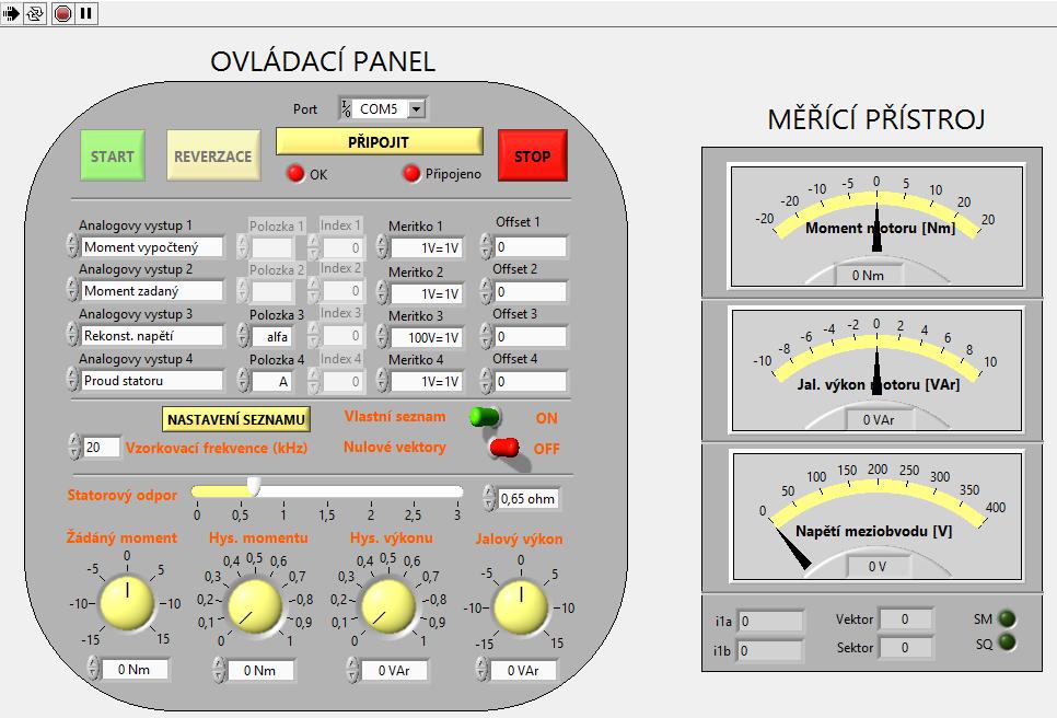 Obr. 6.1 Čelní panel. 6.1.1 Ovládací panel V horní části ovládacího panelu je umístěná komunikace programu s ŘS. Před začátkem komunikace je zapotřebí, aby byl program s algoritmem DTC spuštěn v CCS.