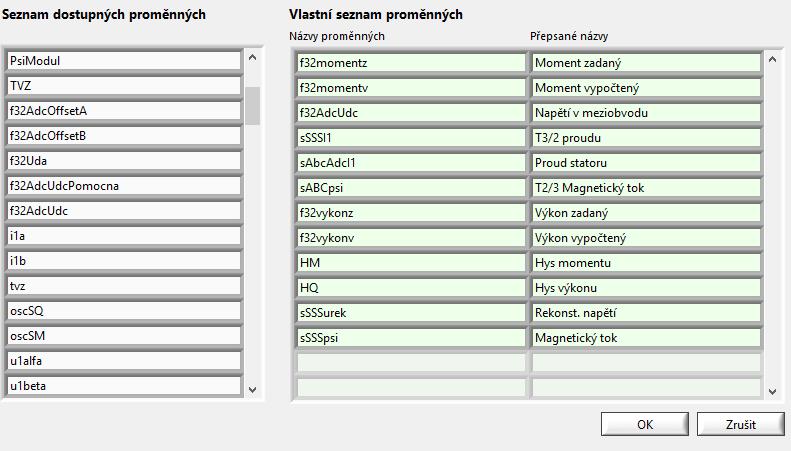 Ve třetí části je vpravo možnost výběru vlastního seznamu pro výstupní veličiny D/A převodníku. Tato funkce slouží pro snadnou orientaci mezi proměnnými.