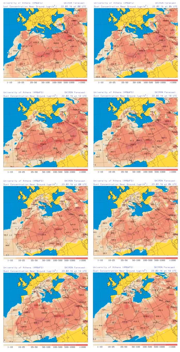 Obr. 1 Předpověď šíření suspendovaných částic ze Sahary pomocí modelu SKIRON (UOA 216) ve dnech 22. 23. 2. 216, 6hodinový interval. Fig. 1. The forecast of suspended particles dispersion from the Sahara Desert by the SKIRON model (UOA 216), 22 23 February 216, 6-hour intervals.