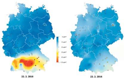 1 9 8 7 68 6 58 52 5 46 47 45 4 3 25 28 3 33 37 33 2 1 17 2 Neue-Ulm Augsburg Ingolstadt München Regensburg Landshut Passau 22.2.16 23.2.16 Koncentrace [μg m -3 ] Obr.