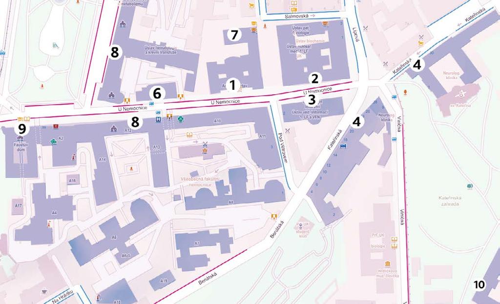 mapa karláku 1. Anatomický ústav 2. Ústav biochemie a experimentální onkologie, Ústav biofyziky a informatiky, Klinika nukleární medicíny, Ústav patologické fyziologie 3.