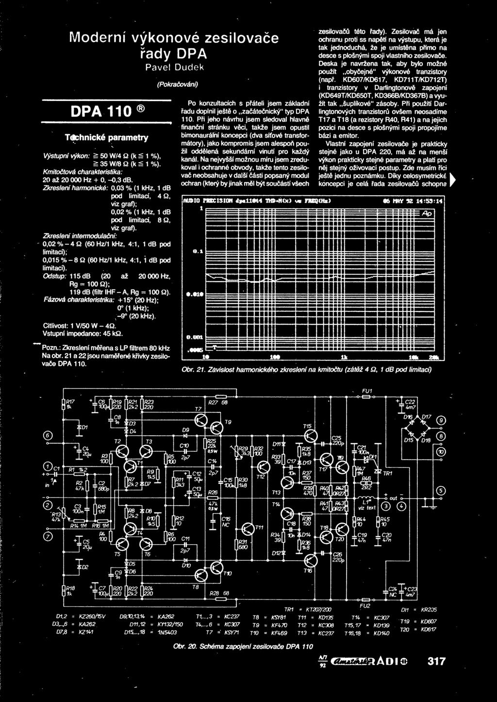Zkresleni intermoduladni: 0,02%-4Q (60Hz/1 khz, 4:1, 1 db pod limitaci); 0,015 % - 8 Q (60 Hz/1 khz, 4:1, i db pod limitaci).