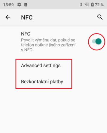 NFC slouží pro bezdrátovou výměnu dat, bezkontaktní platby, odemykání zámků atd. Pouze u modelů s podporou NFC. V nastavení v menu předvolby připojení vyberte NFC.