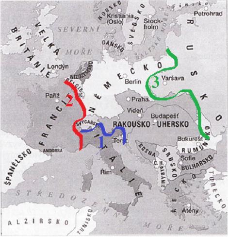 JIŽNÍ FRONTA FRONTY V EVROPĚ ZÁPADNÍ FRONTA VÝCHODNÍ FRONTA 2) Na mapce Evropy z roku 1914 jsou zakresleny barevně fronty 1.