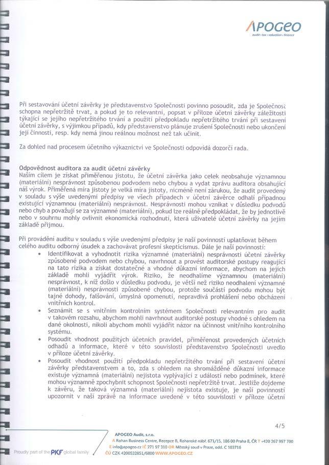 Zpráva představenstva o auditu účetní závěrky o podnikatelské obchodní činnosti
