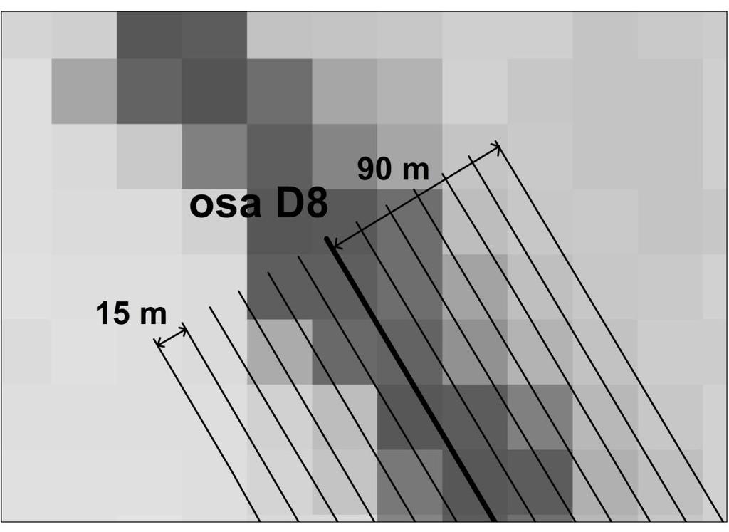 Obr. 5: Linie, ve kterých byly stanoveny průměry hodnot pixelů, které tyto linie protnuly. Průměry hodnot pixelů byly provedeny pro všechny sledované parametry povrchu.