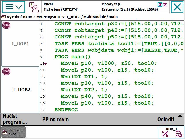 3 Navigace a obsluha jednotky FlexPendant 3.2.5 Výrobní okno 3.2.5 Výrobní okno Přehled Okno Výrobní okno se používá k zobrazení kódu programu za běhu programu.