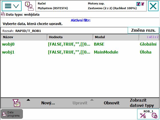 3 Navigace a obsluha jednotky FlexPendant 3.2.6 Data programu Pokračování Ilustrace instancí datového typu Tato část představuje seznam instancí pro určitý datový typ.