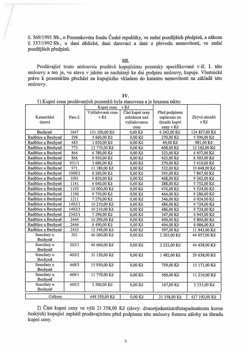 č. 569/1991 Sb., o Pozemkovém fondu České republiky, ve znění pozdějších předpisů, a zákona č. 357/1992 Sb., o dani dědické, dani darovací a dani z převodu nemovitostí, ve znění pozdějších předpisů.
