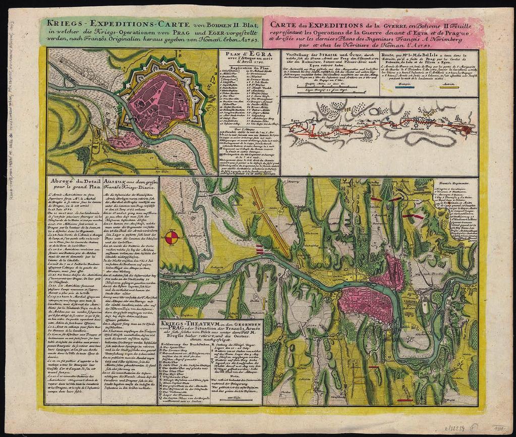 62 B 281 (Kriegs-Expeditions-Carte von Bohmen II. Blat): Druhá ze tří map, vydaných v roce 1743 Homannovými dědici (další sign.