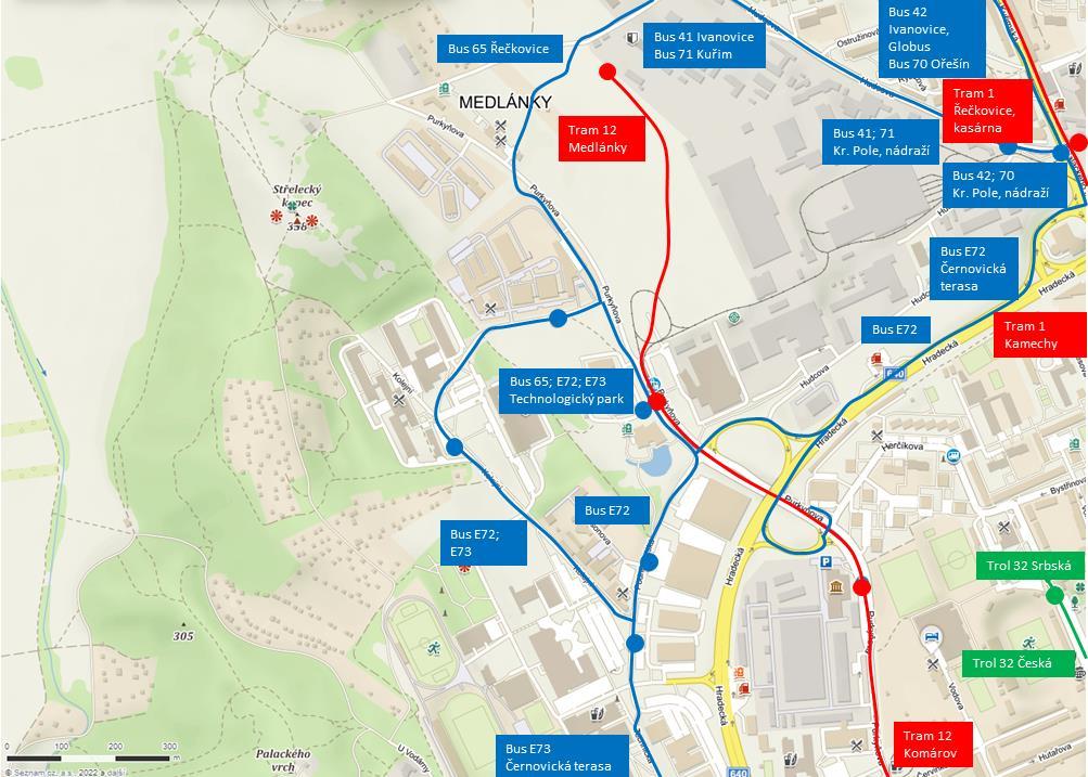 rovněž části Medlánek, především starší zástavby kolem zámeckého parku. V nově postaveném úseku tramvajové tratě má obsluhu zajišťovat tramvajová linka 12. Obr.