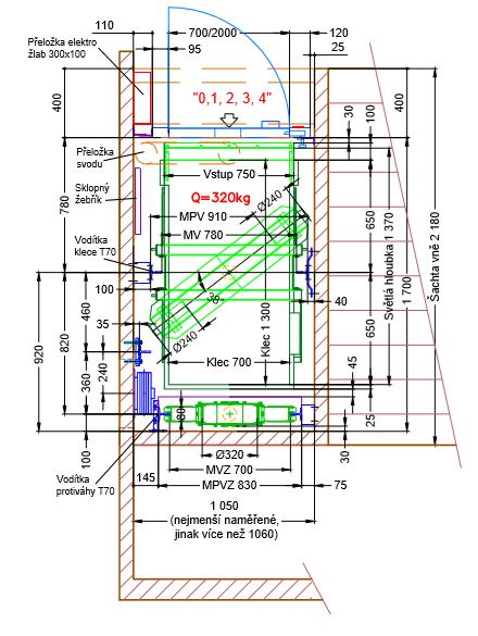 Šachetní dveře odpovídají šířce klece. Tudíž mají vstup 700 mm. Hloubku kabiny výtahu volím 1 300 mm. Mezi kabinou a protiváhou musí být minimálně 50 mm.