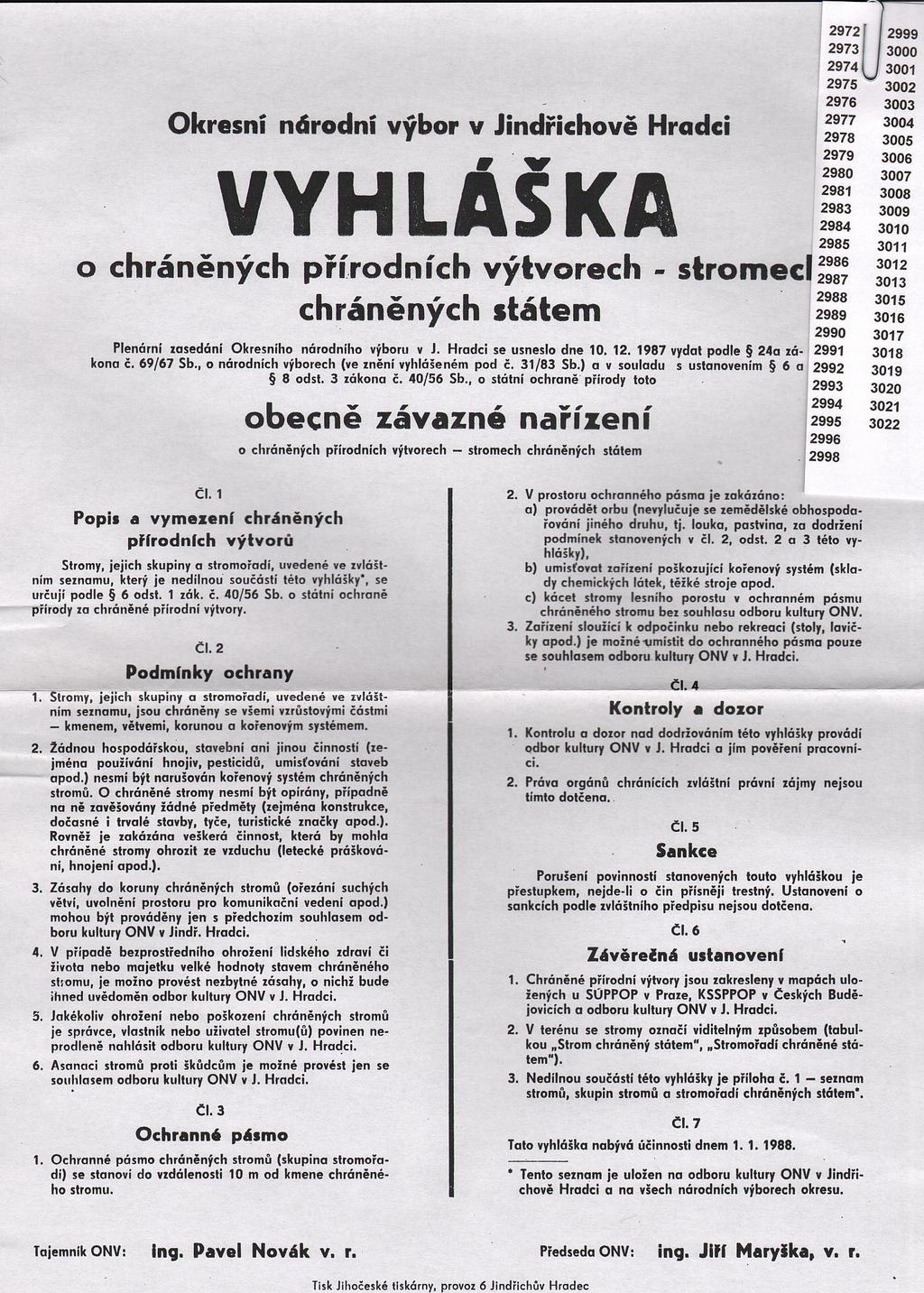 Příloha č. 10 Vyhláška ONV v Jindřichově Hradci o chráněných přírodních výtvorech stromech chráněných státem.