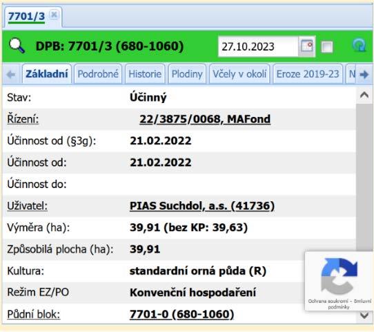 Výběr Fialové čáry a čísla vyznačují vlastnické parcely a jejich čísla z katastru nemovitostí. V tomto panelu můžeme o vybraném poli získat podrobnější informace.