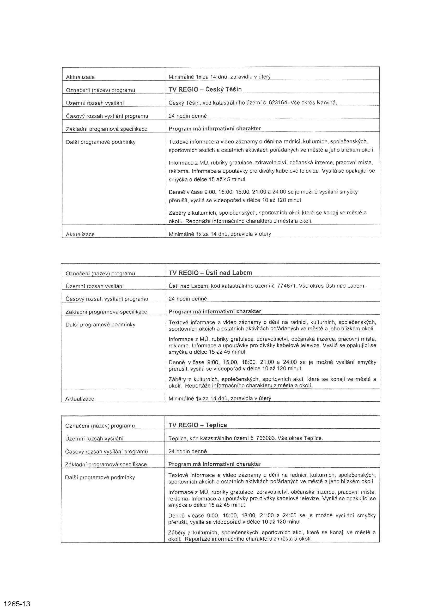 Minimálně 1xza 14 dnu, zpravidla v úterý TV REGIO - Český Těšín Český Těšín, kód katastrálního území č. 623164. Vše okres Karviná.