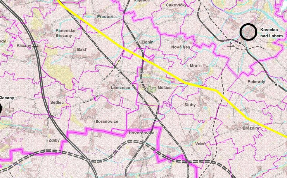 Výřez z hlavního výkresu ZUR Středočeského kraje vedení koridoru VRT E02 elektroenergetika, vedení 400 kv TR Výškov TR