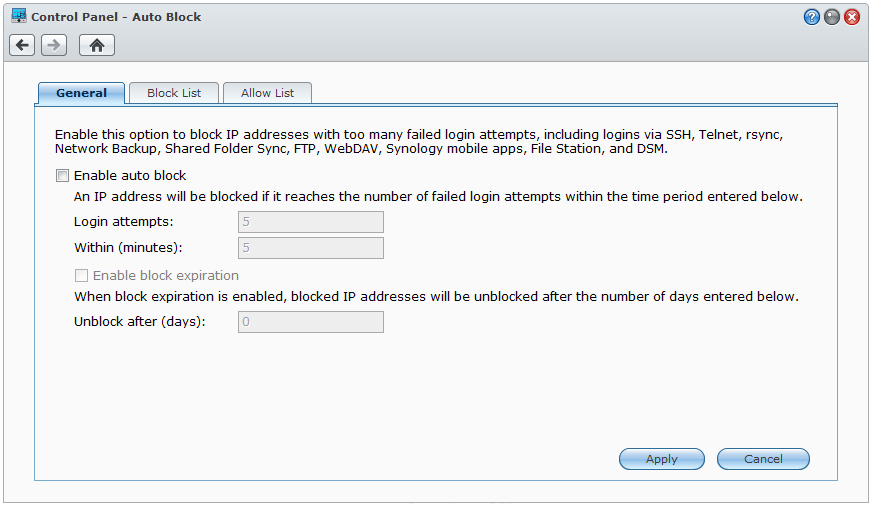 Uživatelská příručka pro produkt Synology NAS Automatická blokace podezřelých pokusů o přihlášení Automatický blok zabraňuje neoprávněnému přihlášení.