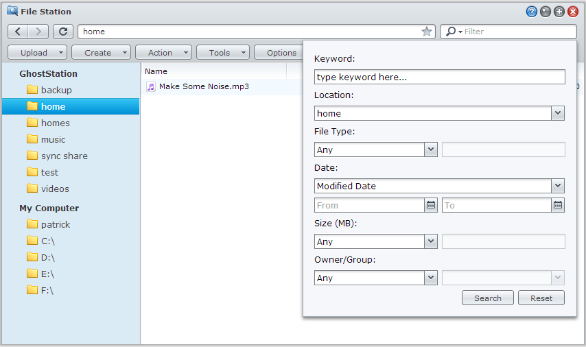 Hledání souborů nebo složek Uživatelská příručka pro produkt Synology NAS Zadáním klíčového slova do pole Filtr v pravém horním rohu aplikace File Station zahájíte filtrování souborů a složek