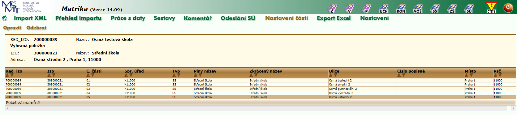 Uložením změny nastavení částí školy budou smazány všechny dosud naimportované soubory za všechny části školy k danému rozhodnému datu sběru.